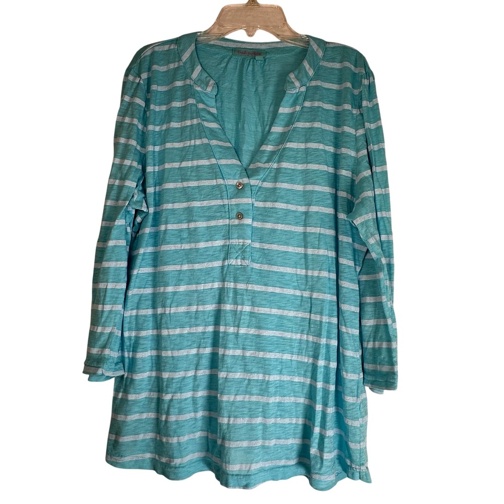 Fresh Produce Womens Large Blue Striped Cotton Slub Roll Tab Sleeve Tunic Top